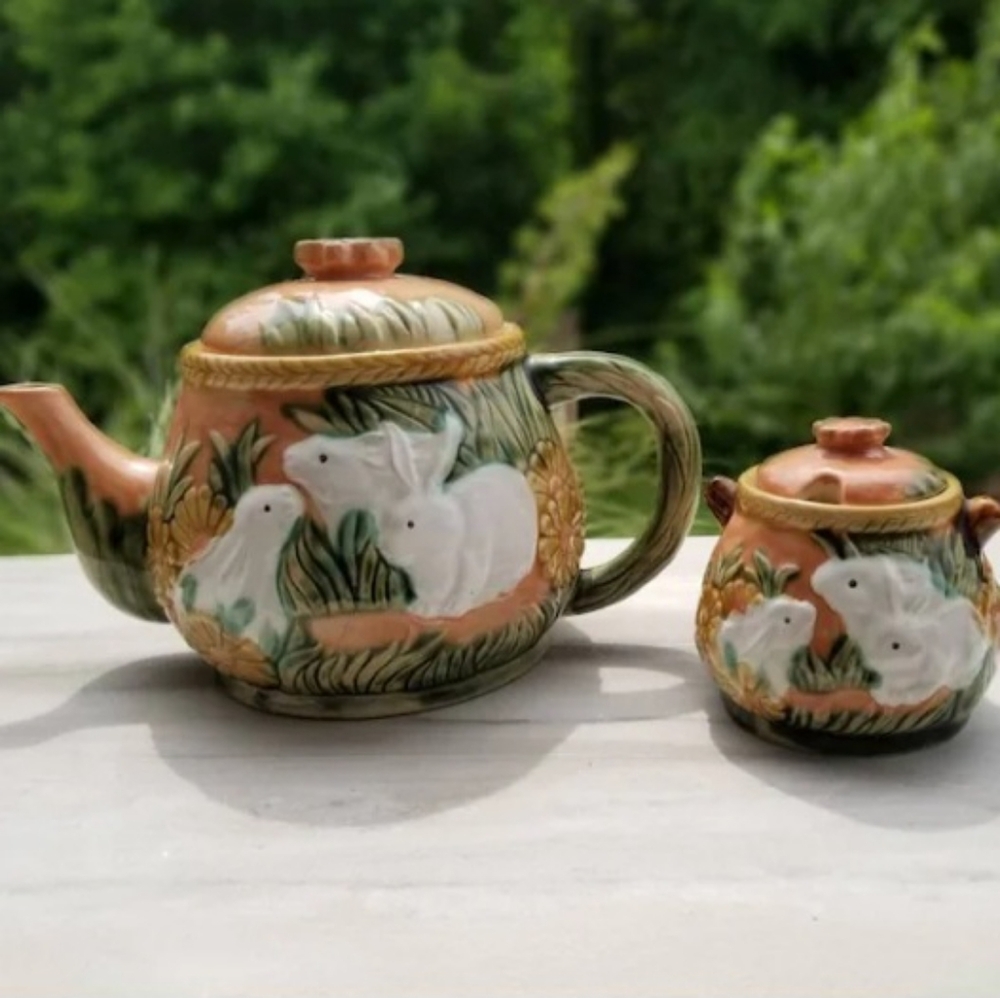 Two Piece BUNNY Ceramic Teapot and Sugar Container